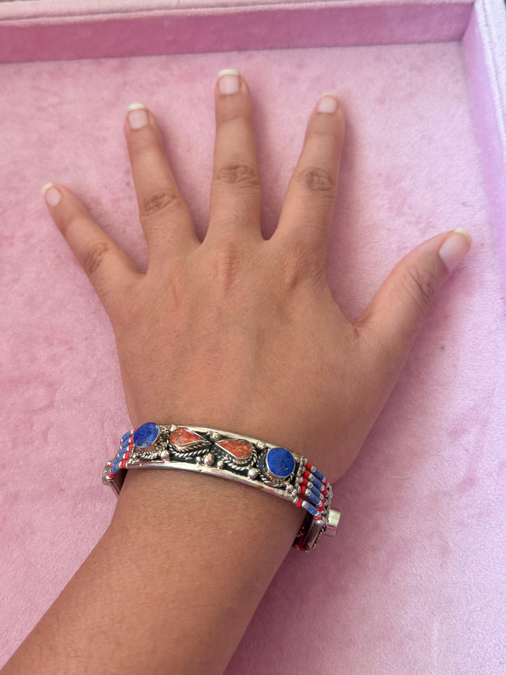 Handcrafted Lapis Lazuli and Coral German Silver Bracelet, Indian Jewelry