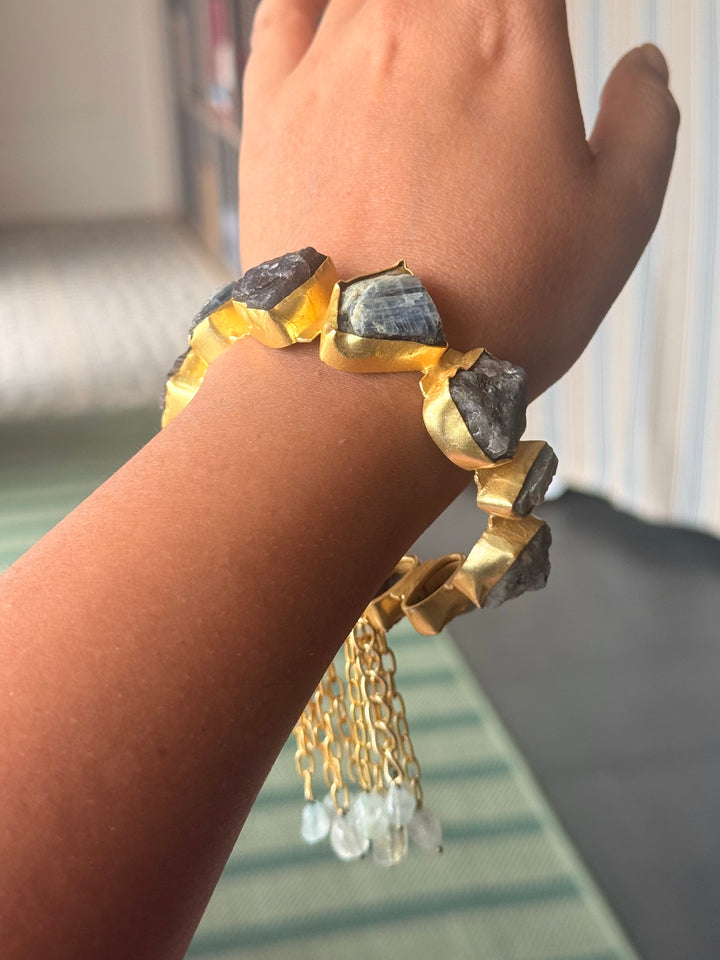 SHIVKA Designer Brass Tassel Cuff | Raw Druzy Chalcedony Stones | Gold Polish | 72g