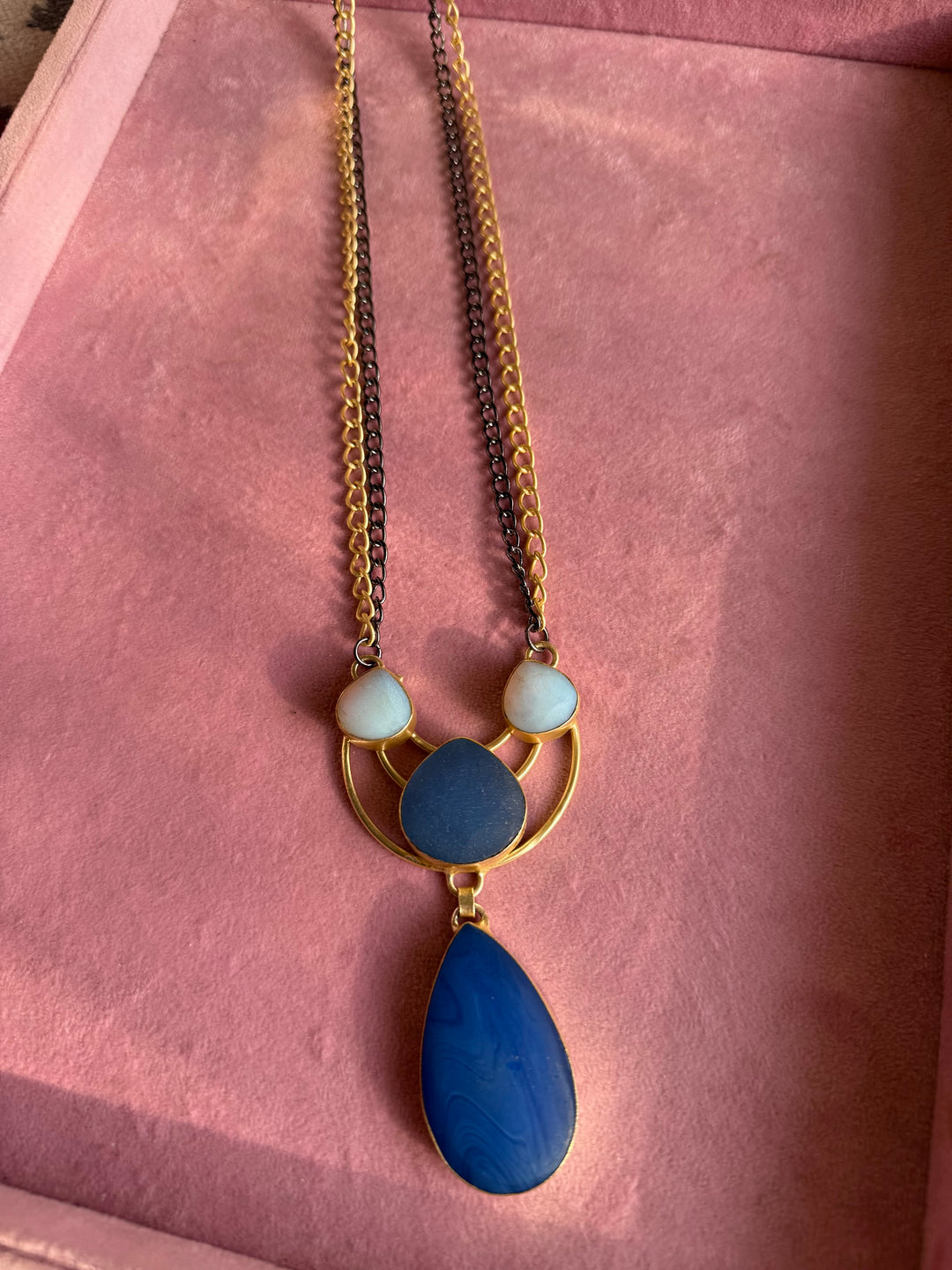 Handmade Long Lapis Lazuli Raw Stone Necklace | Dual Tone Gold Polish Brass Statement Jewelry