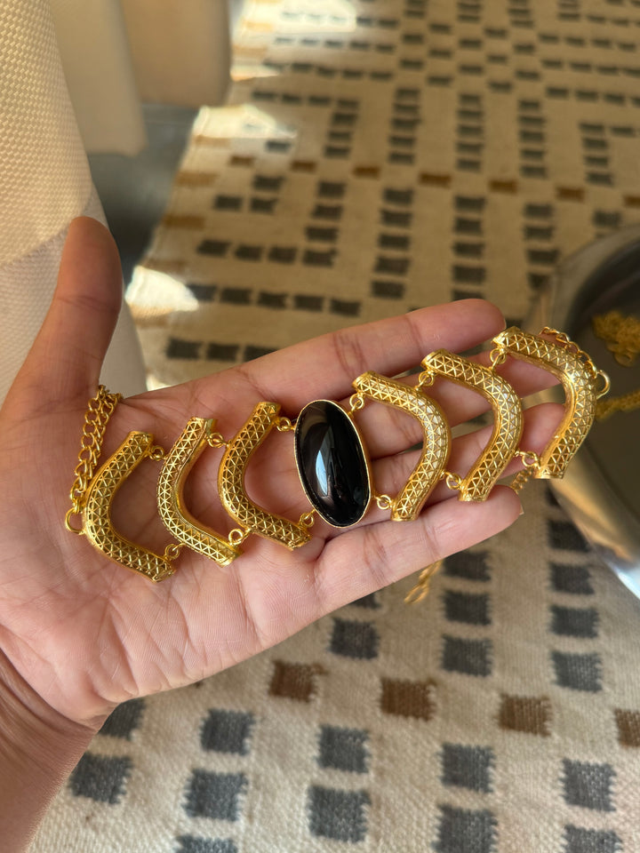 Black Onyx Gemstone Choker – Gold Brass, Adjustable Necklace