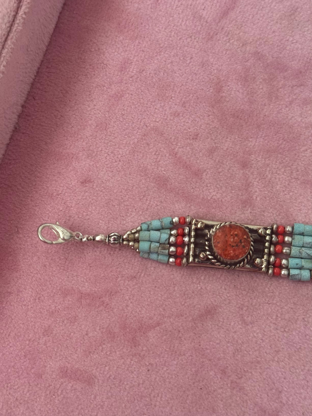 Handcrafted Turquoise and Coral German Silver Bracelet, Indian Jewelry