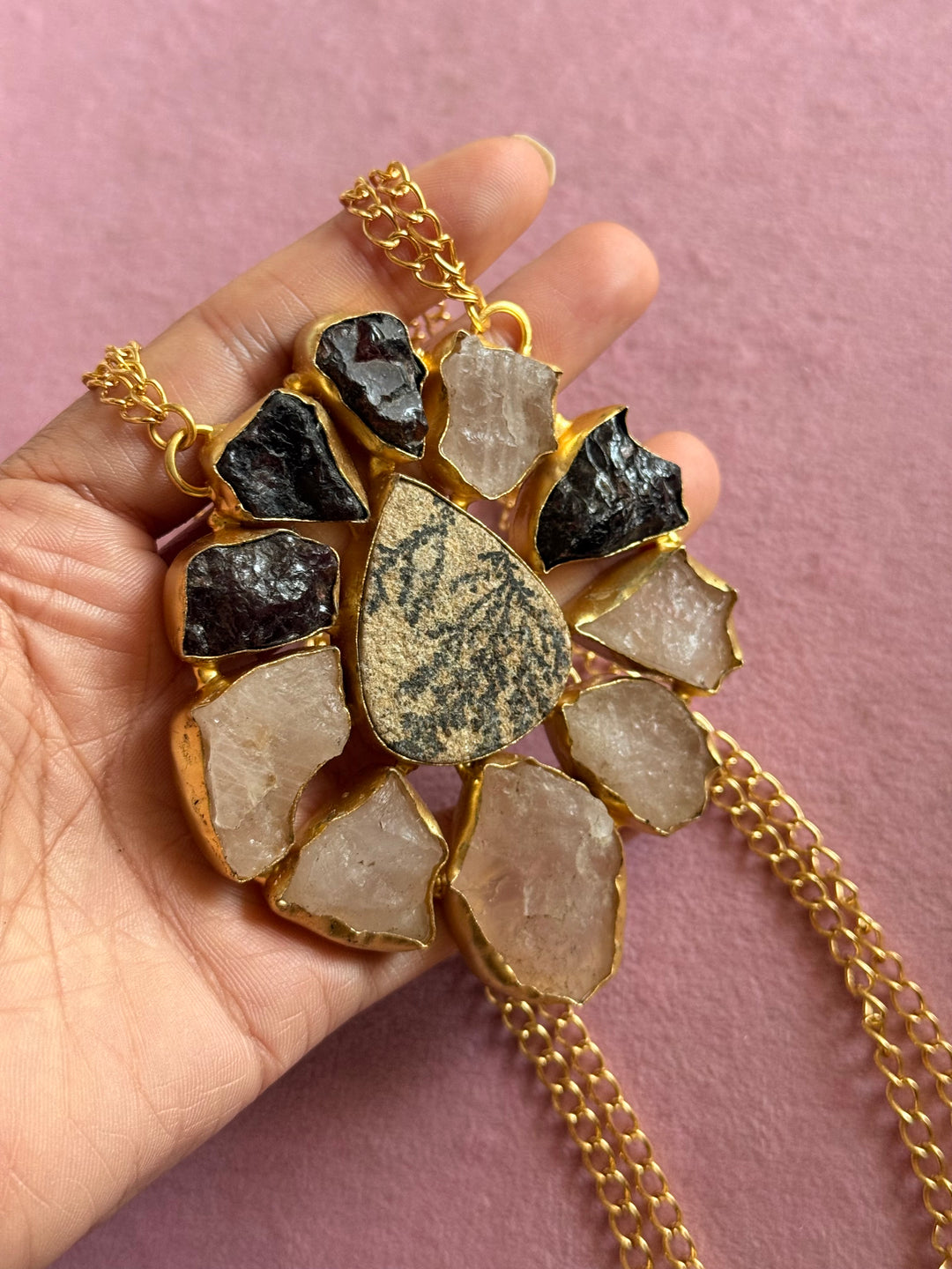 Handmade Rose Quartz Statement Necklace | Brass Adjustable Lobster Claw Jewelry