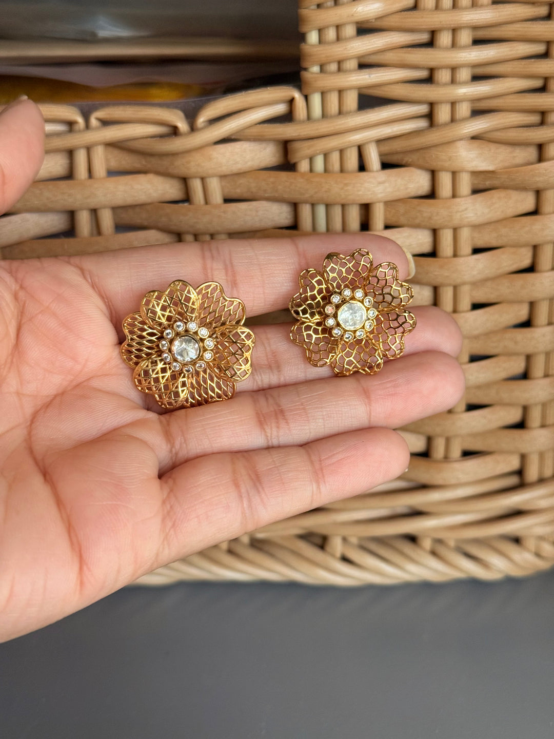 925 Silver Polki Studs | SHIVKA | Antique Gold CZ Festive Elegance