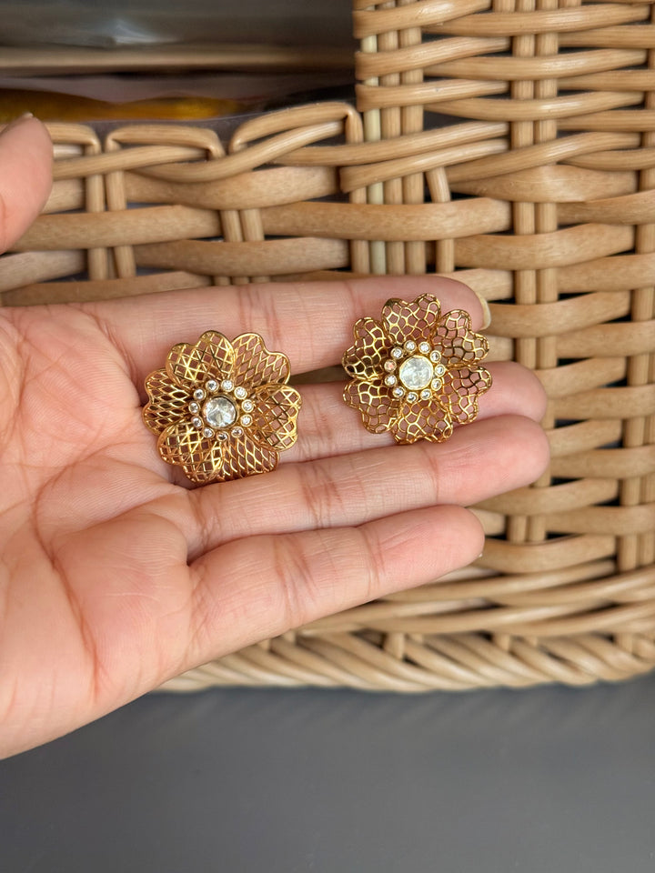 925 Silver Polki Studs | SHIVKA | Antique Gold CZ Festive Elegance