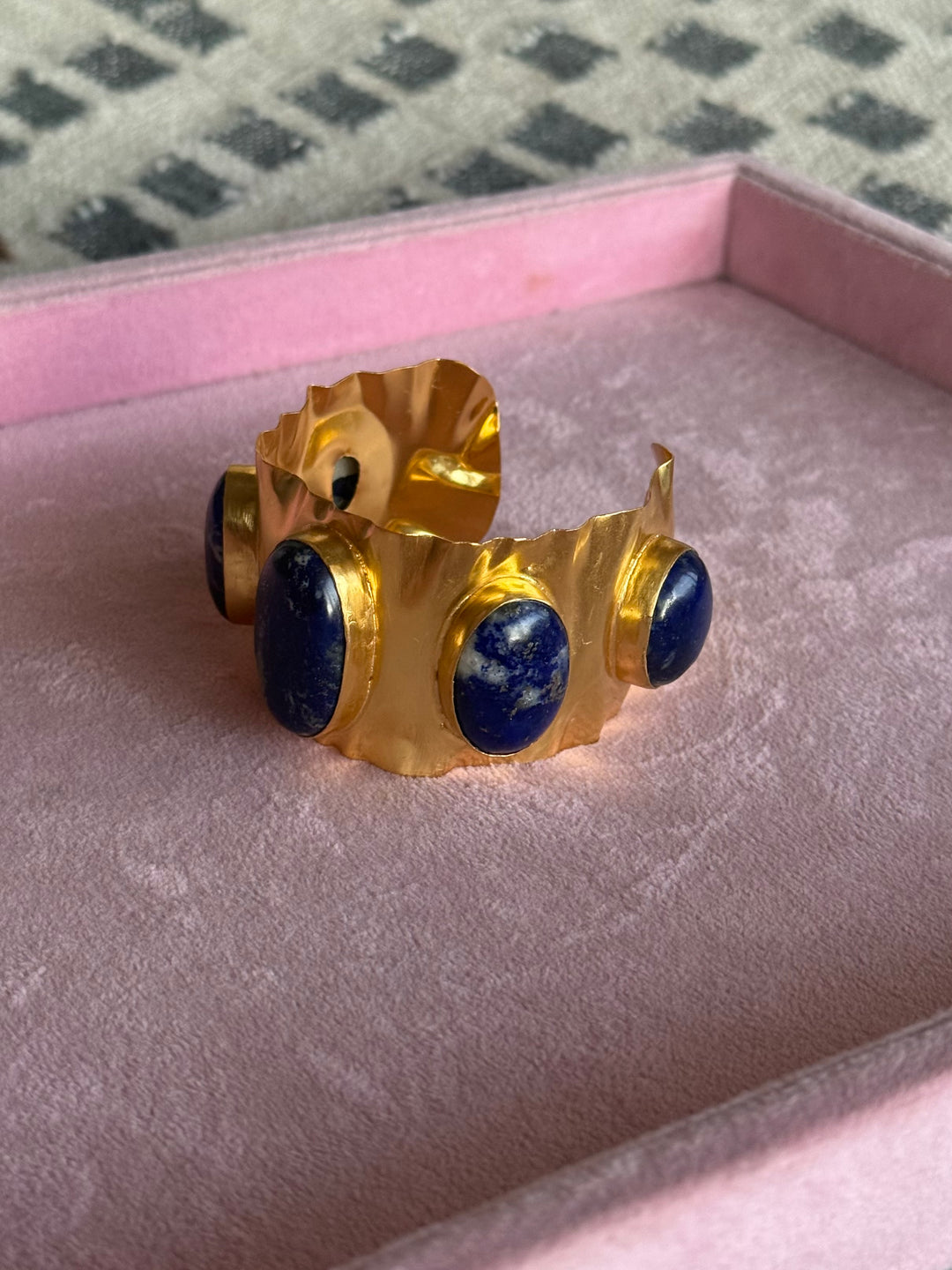 SHIVKA Designer Lapis Lazuli Stone Brass Cuff | Adjustable Open Bracelet | Statement Festive Wear | 50g