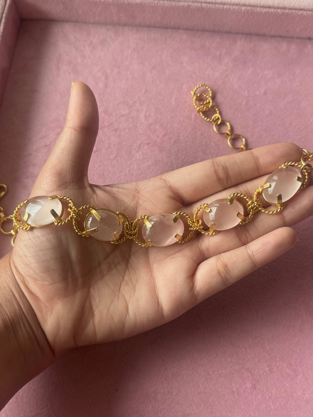 Rose Quartz Choker – Gold Brass, Adjustable Necklace
