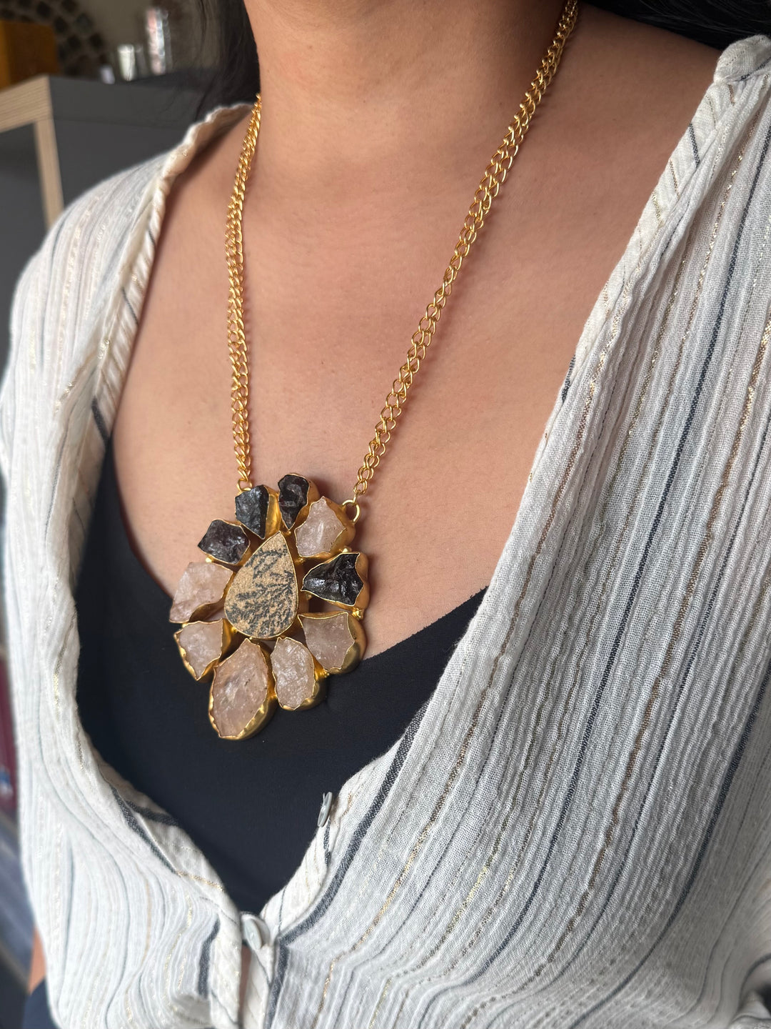 Handmade Rose Quartz Statement Necklace | Brass Adjustable Lobster Claw Jewelry