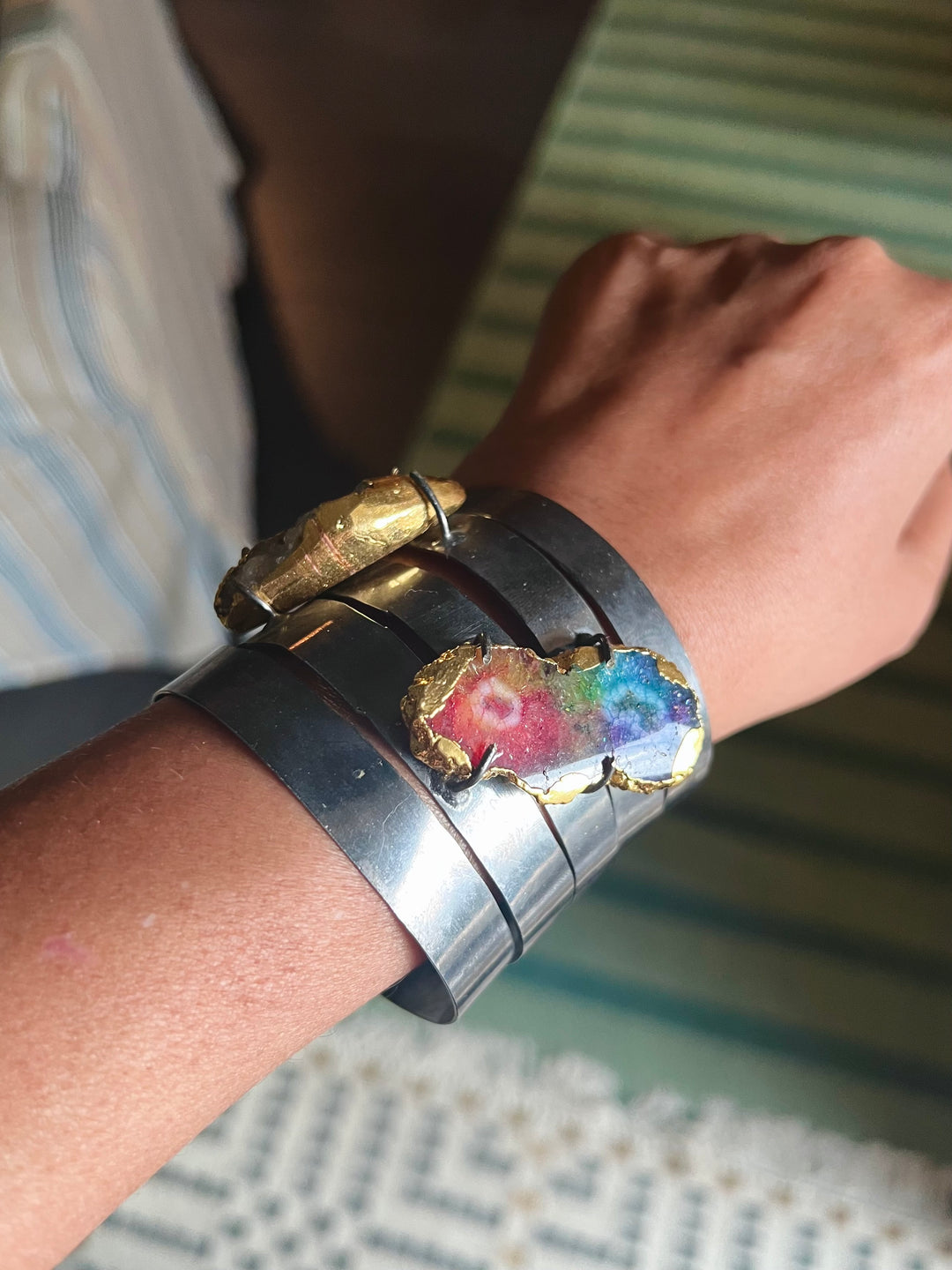 SHIVKA Designer Brass Quartz Cuff | Black Rhodium Polish | Natural Stones | Adjustable | 65g
