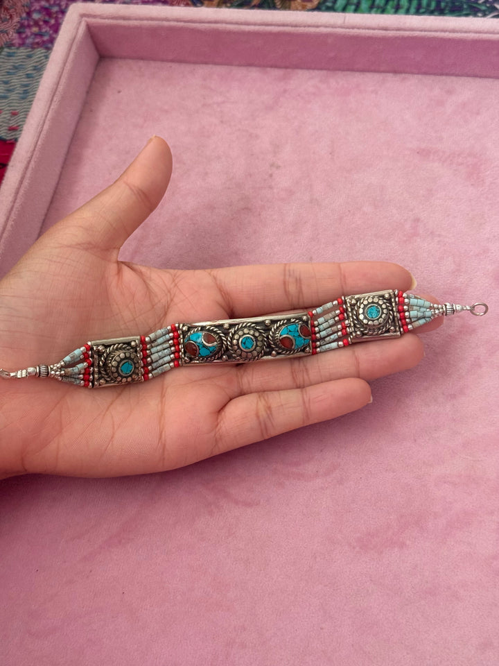 Handcrafted Turquoise and Coral German Silver Bracelet, Indian Jewelry