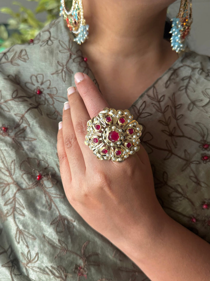 Statement Pearl and Ruby Jadau Ring | 18k Gold Plated | Copper & Semi-Precious Stones
