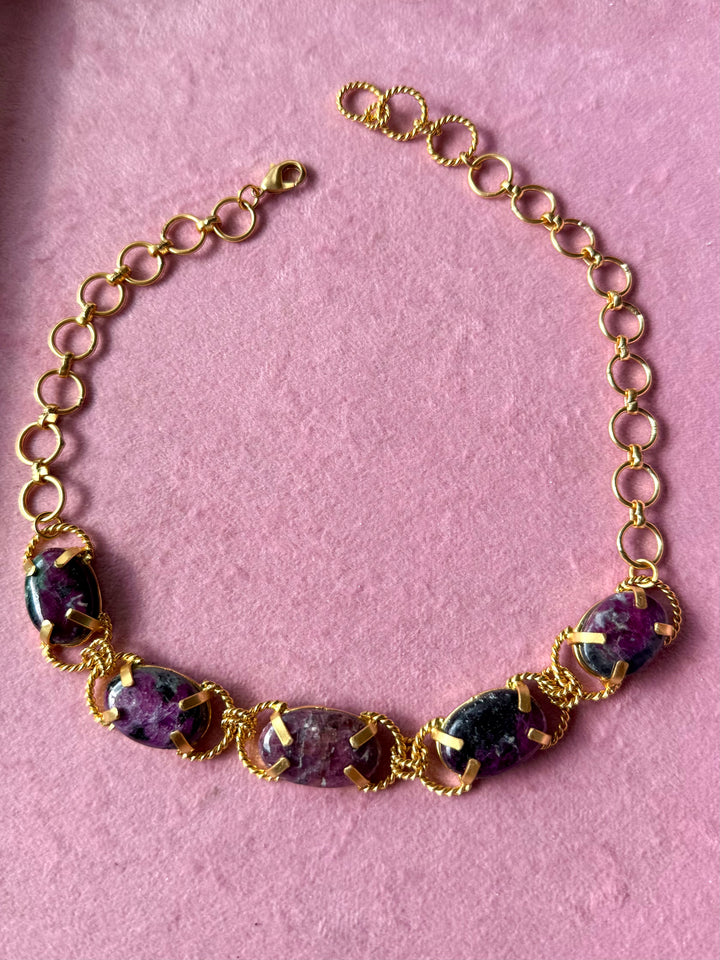 Natural Ruby-in-Zoisite Gemstone Choker – Gold Brass, Adjustable Necklace