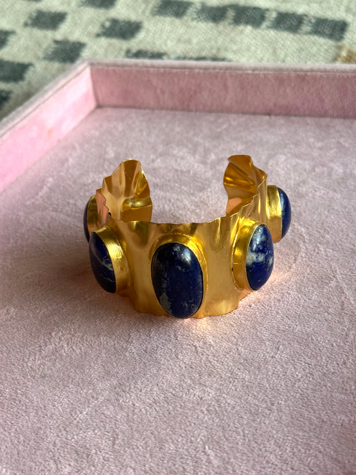 SHIVKA Designer Lapis Lazuli Stone Brass Cuff | Adjustable Open Bracelet | Statement Festive Wear | 50g