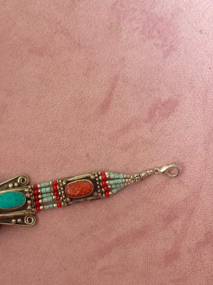 Handcrafted Turquoise and Coral German Silver Bracelet, Indian Jewelry