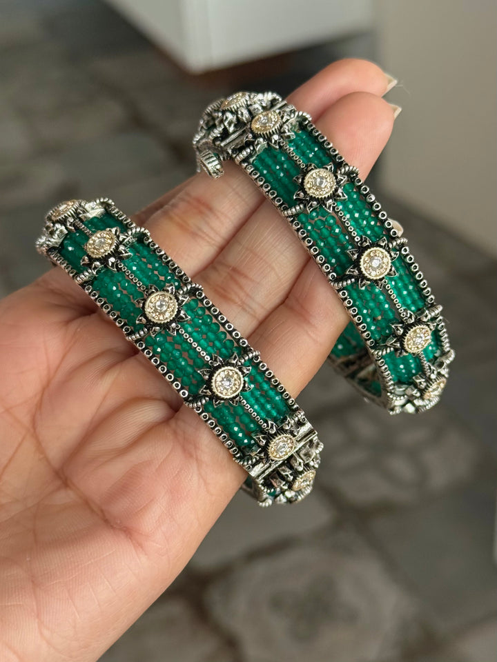 SHIVKA SAANJ 925 Silver Fusion Bangles | Set of 2 | CZ Stones | Artisan Crafted | 93g