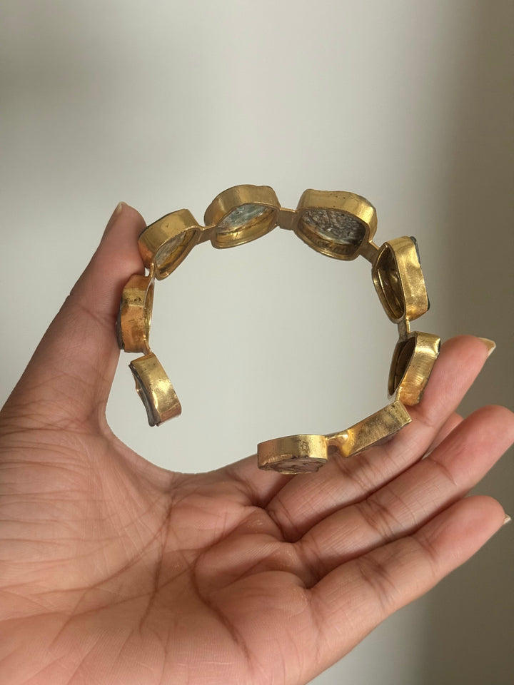 SHIVKA Designer Brass Abalone Cuff | Gold Polish | Natural Abalone Stones | Adjustable | 30g