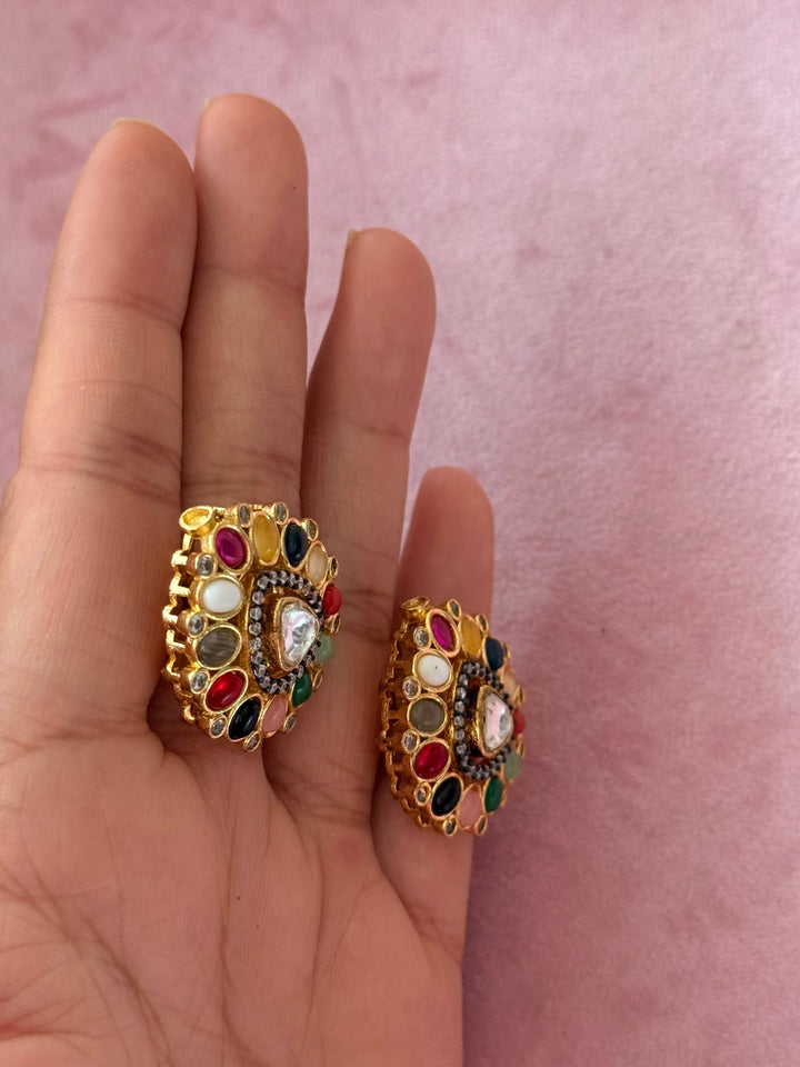 Handmade Designer Navratna Brass Studs | SHIVKA | 3x2.5 cm | 14g Pair | Push Back | Festive Gift Jewelry