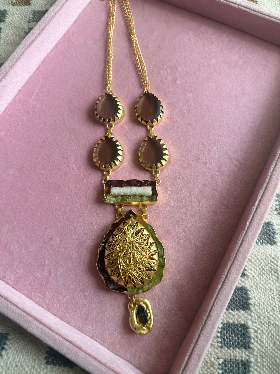 Handmade Statement Gemstone Necklace | Brass Adjustable Lobster Claw Jewelry