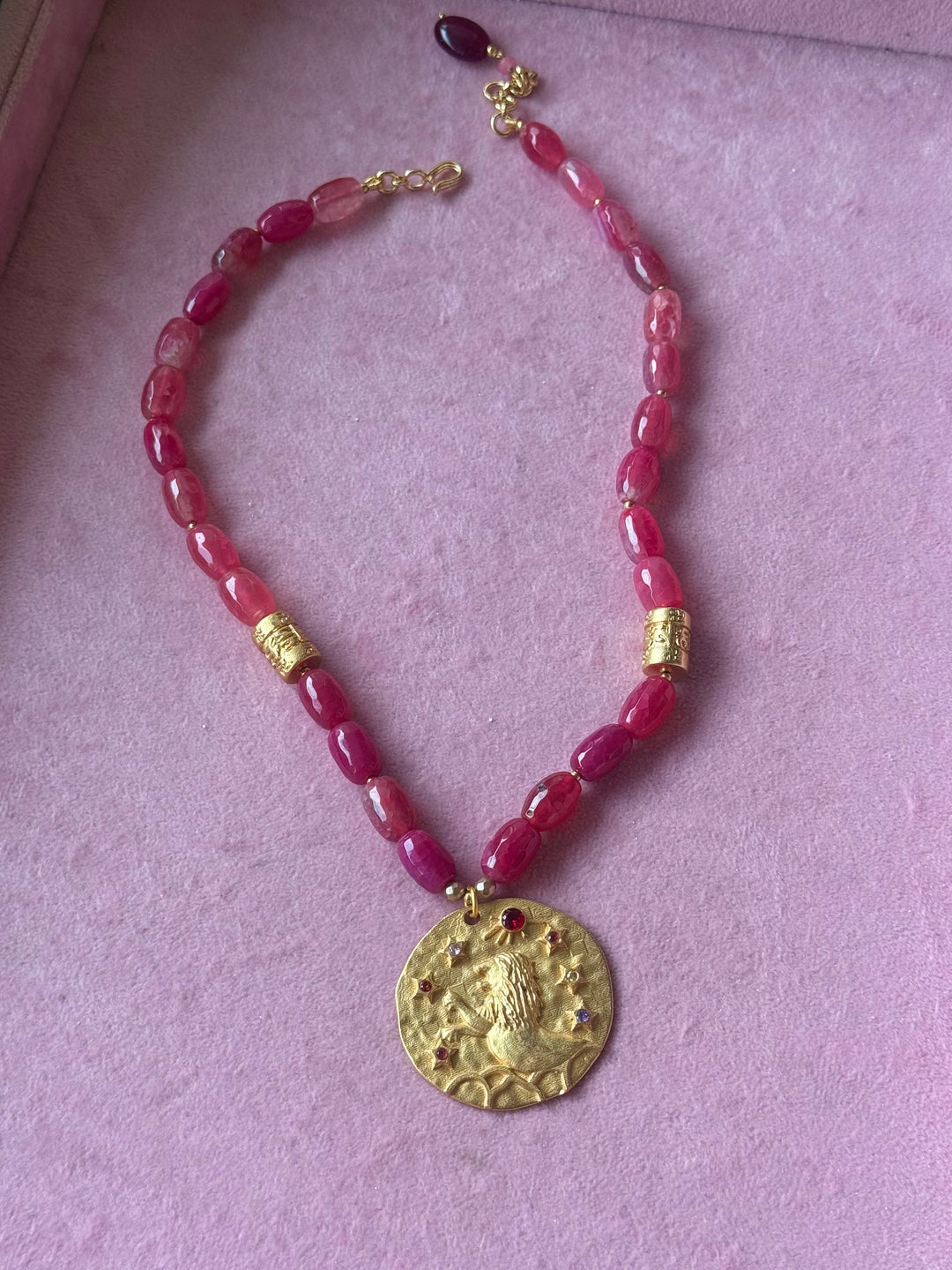 Handmade Leo Pendant Necklace with Natural Aventurine | Gold Polish Brass Short Statement Necklace