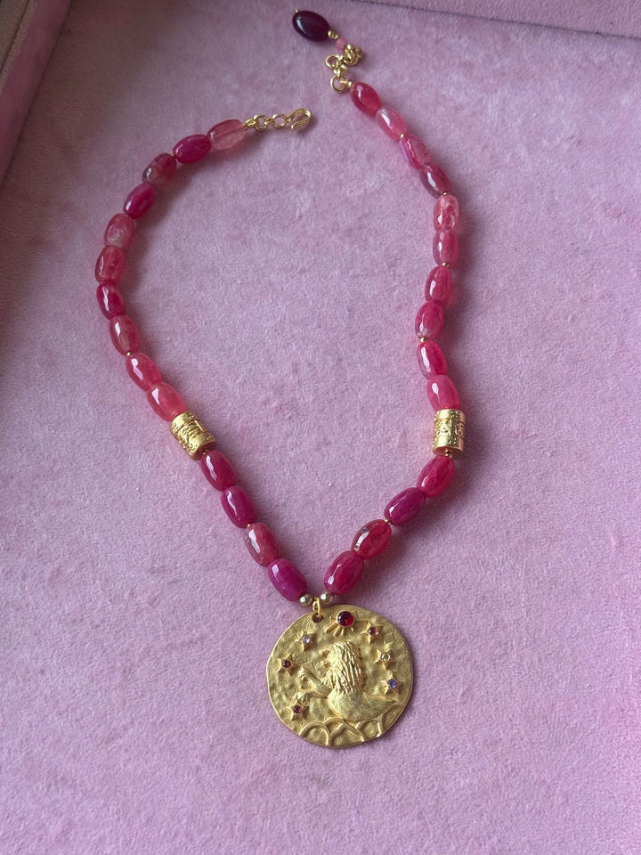 Handmade Leo Pendant Necklace with Natural Aventurine | Gold Polish Brass Short Statement Necklace