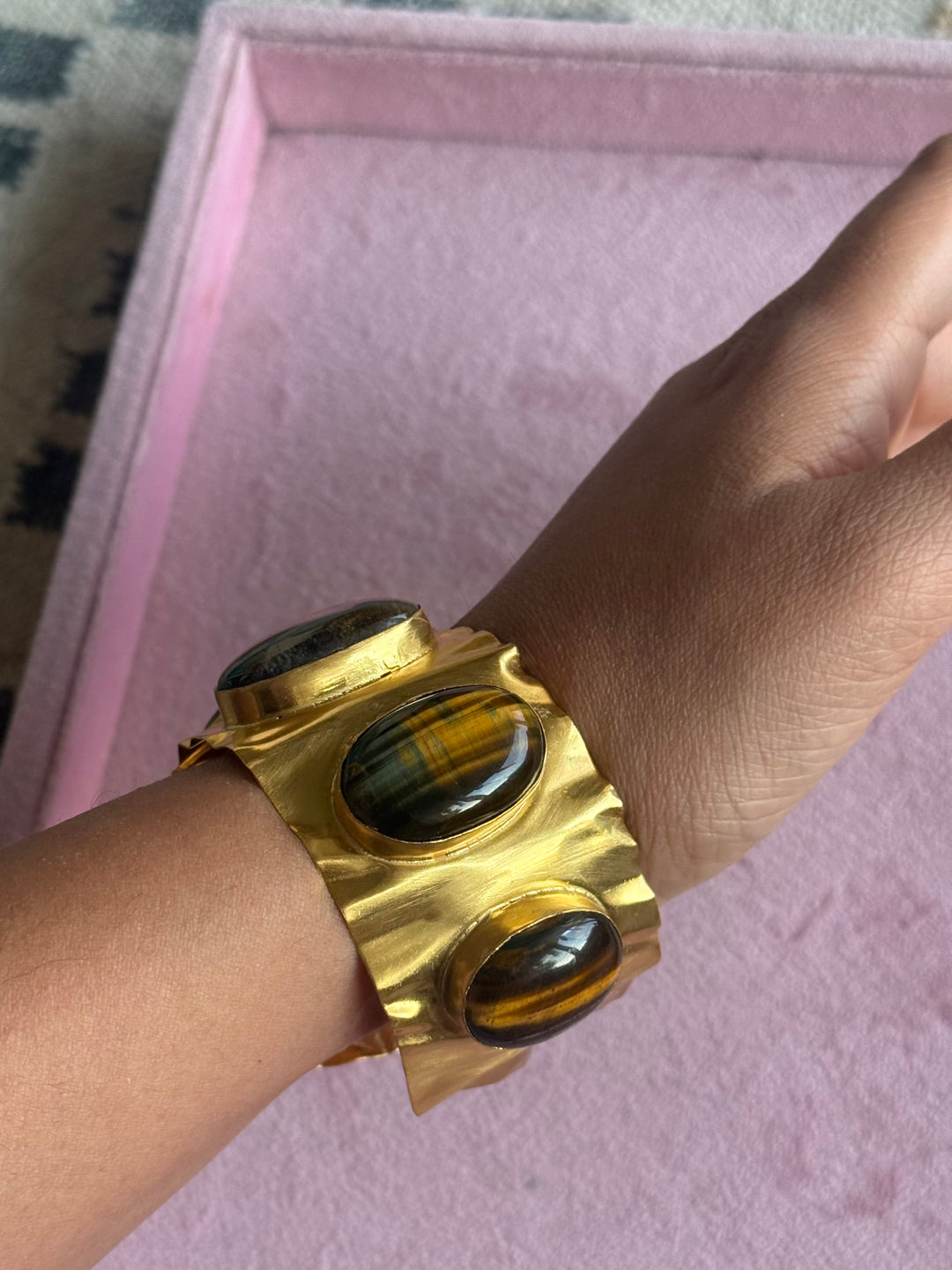 SHIVKA Designer Stone Brass Cuff | Adjustable Open Bracelet | Statement Festive Wear | 52g