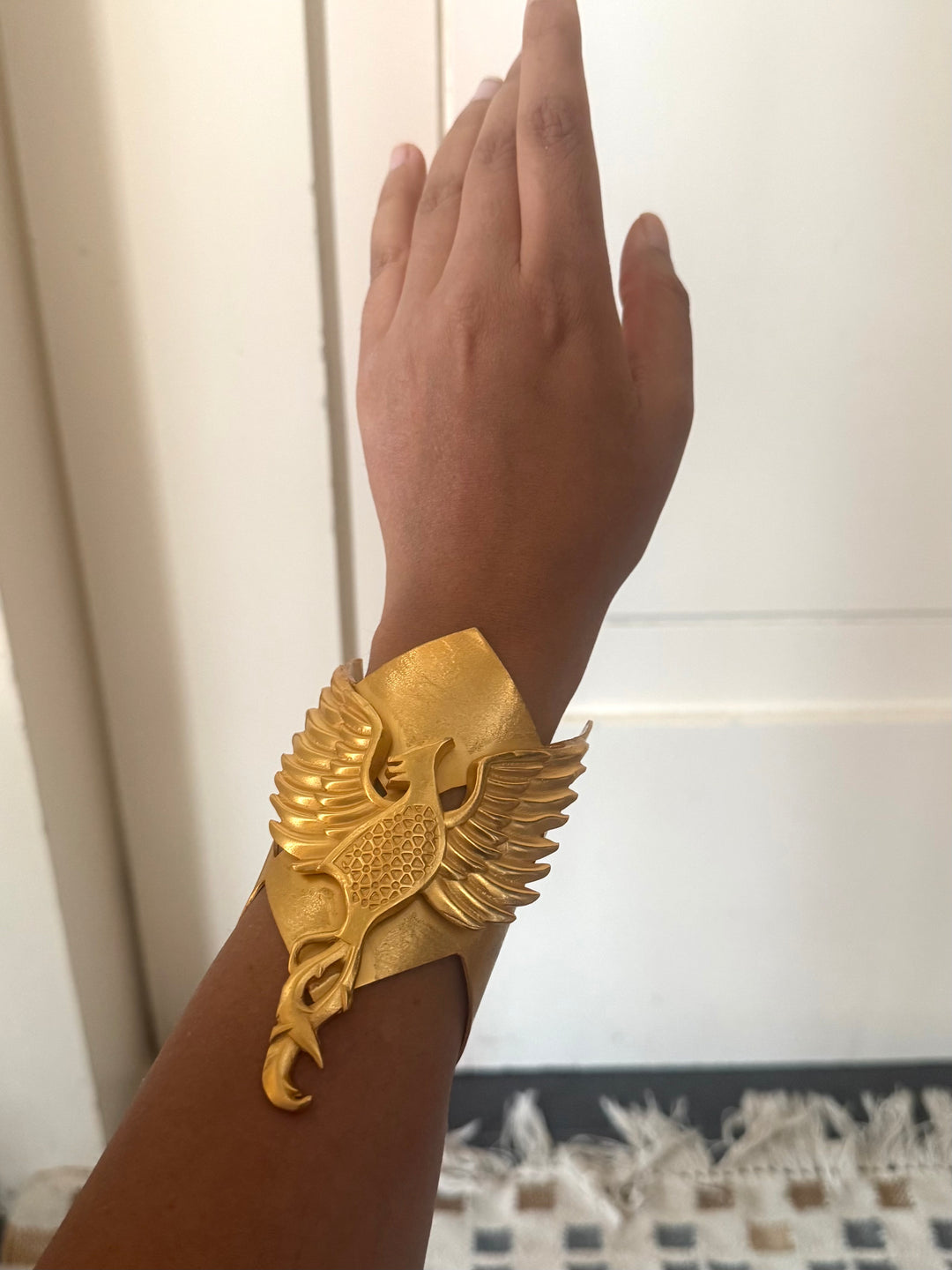 Handmade Phoenix Statement Open Cuff | Textured Gold Polish Brass Free Size Bracelet
