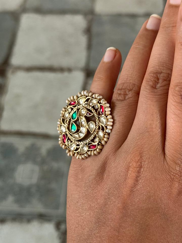 925 Silver Jadtar Gold Handmade Ring | Adjustable | SHIVKA