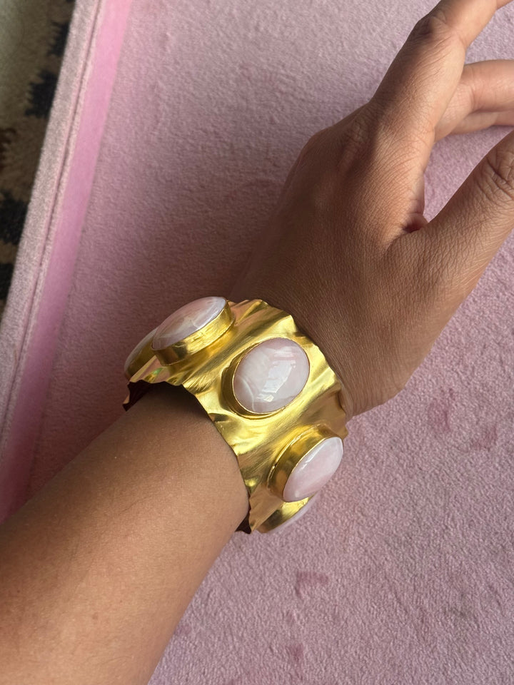 SHIVKA Designer Stone Brass Cuff | Adjustable Open Bracelet | Statement Festive Wear | 45g