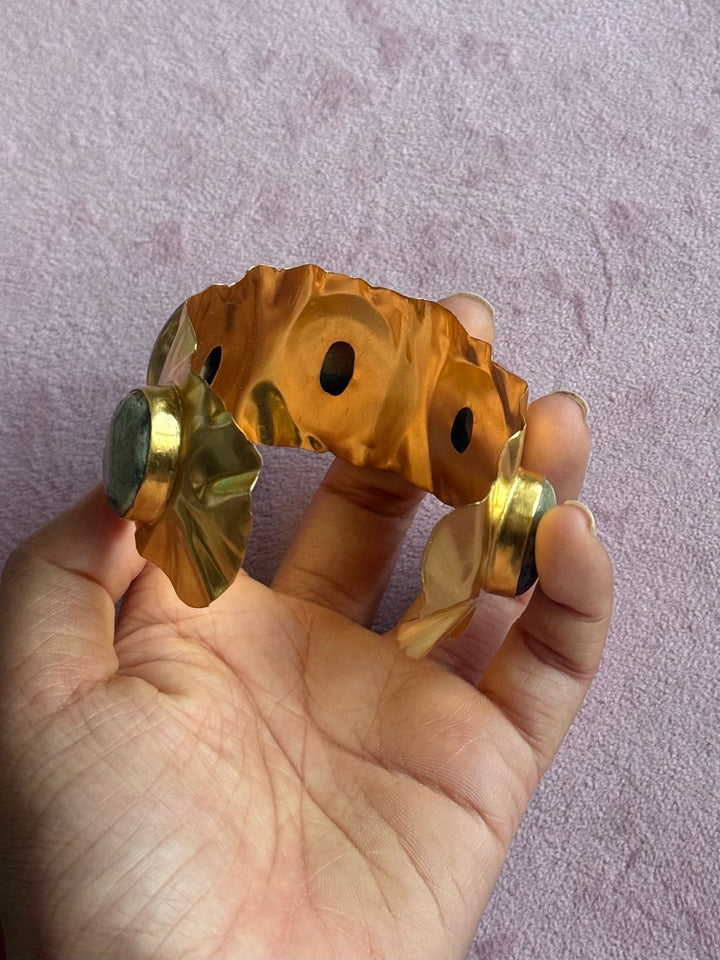 SHIVKA Designer Stone Brass Cuff | Adjustable Open Bracelet | Statement Festive Wear | 46g