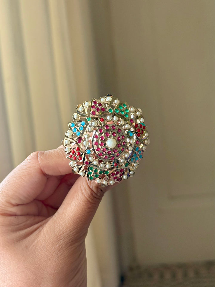 Statement Big Flower Jadau Ring | 18k Gold Plated | Copper & Semi-Precious Stones