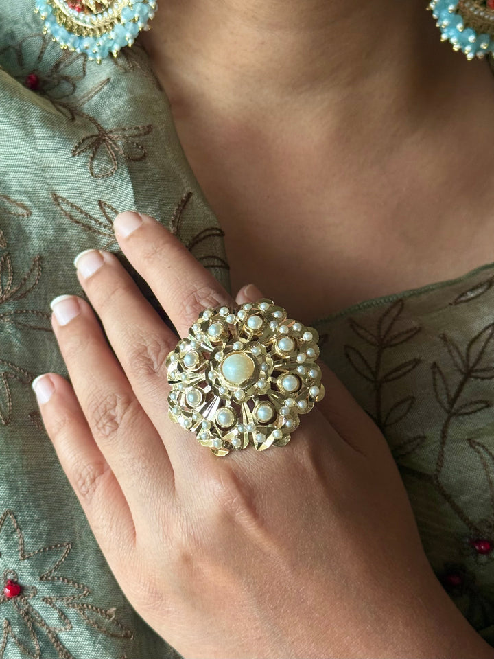 Statement Pearl Jadau Ring | 18k Gold Plated | Copper & Semi-Precious Stones