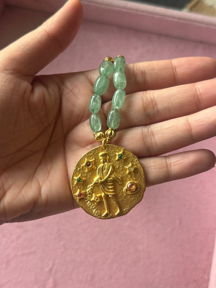 Handmade Aquarius Pendant Necklace with Natural Aventurine | Gold Polish Brass Zodiac Jewelry