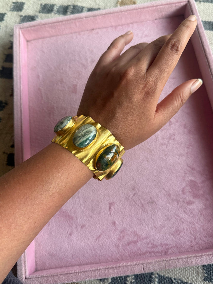 SHIVKA Designer Stone Brass Cuff | Adjustable Open Bracelet | Statement Festive Wear | 46g