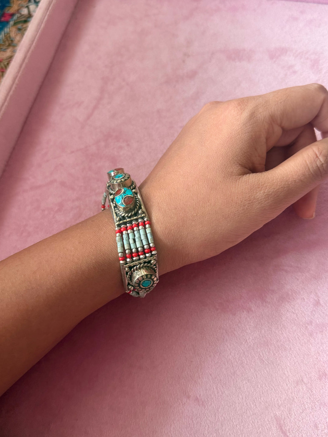 Handcrafted Turquoise and Coral German Silver Bracelet, Indian Jewelry