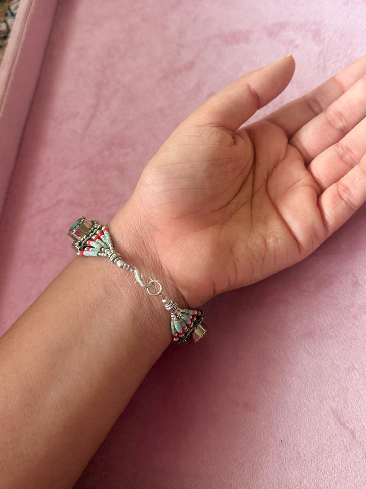 Handcrafted Turquoise and Coral German Silver Bracelet, Indian Jewelry