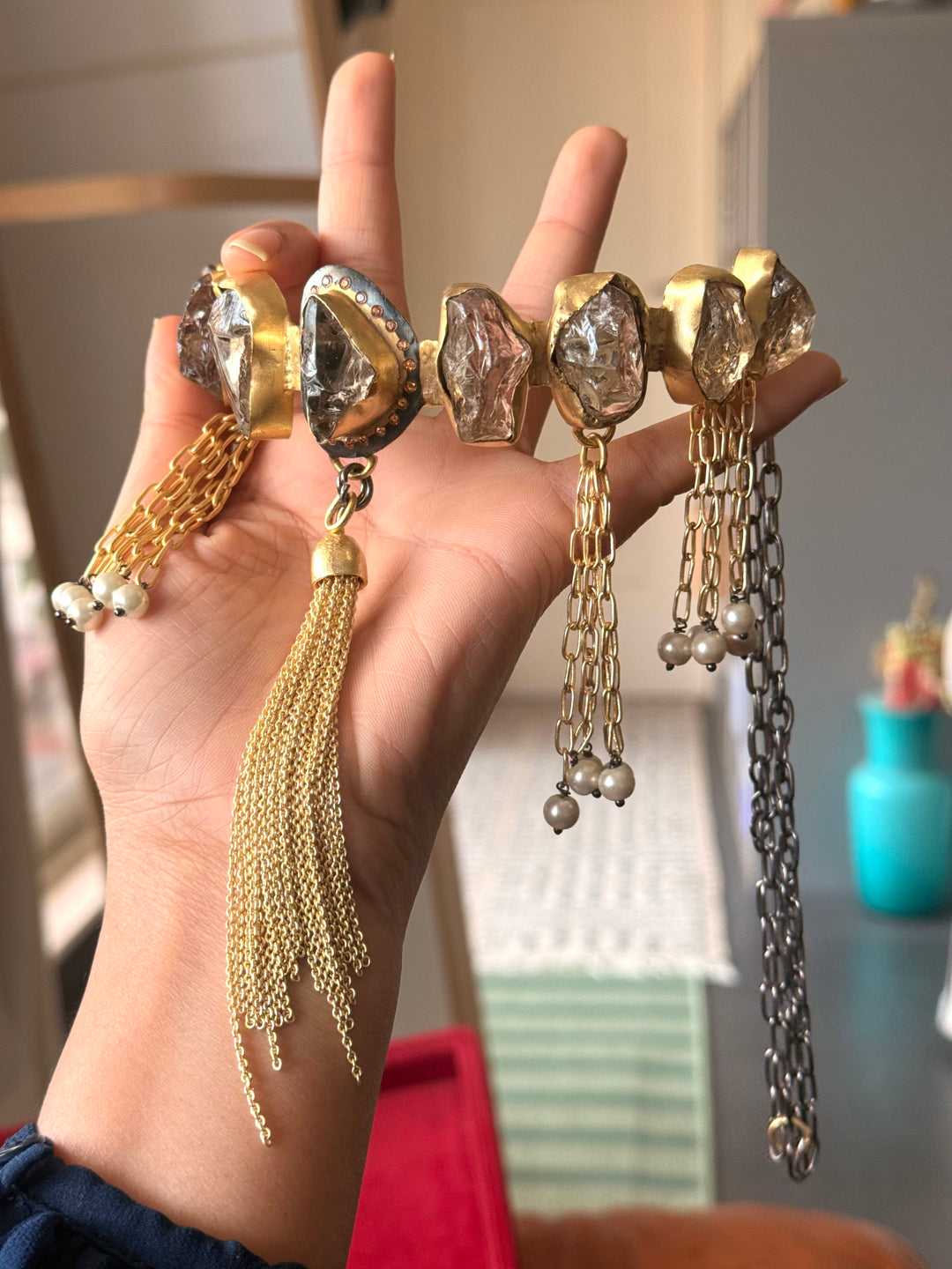Handmade Raw Druzy Stone Statement Choker | Dual Tone Brass Adjustable Lobster Claw Necklace
