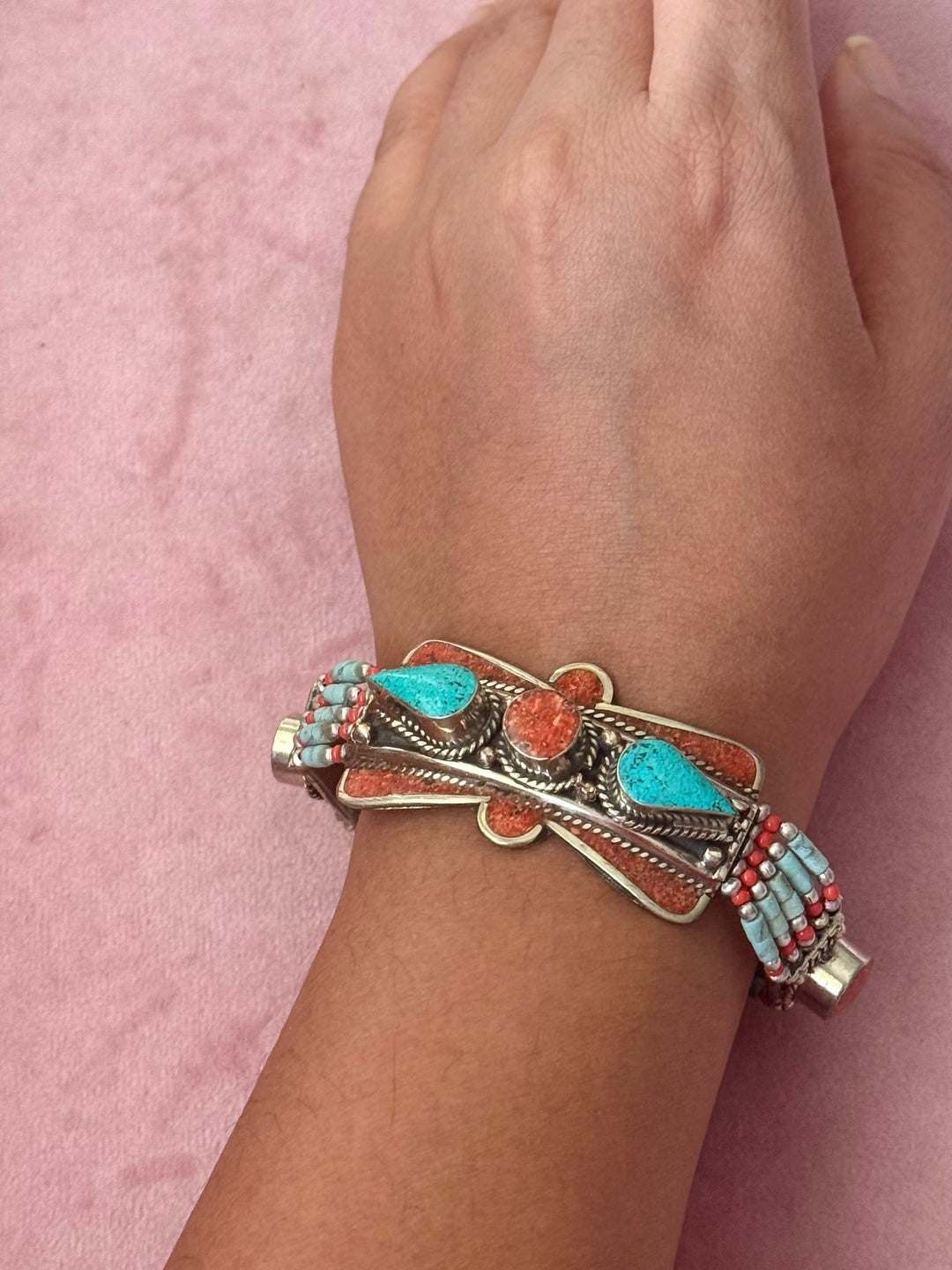 Handcrafted Turquoise and Coral German Silver Bracelet, Indian Jewelry