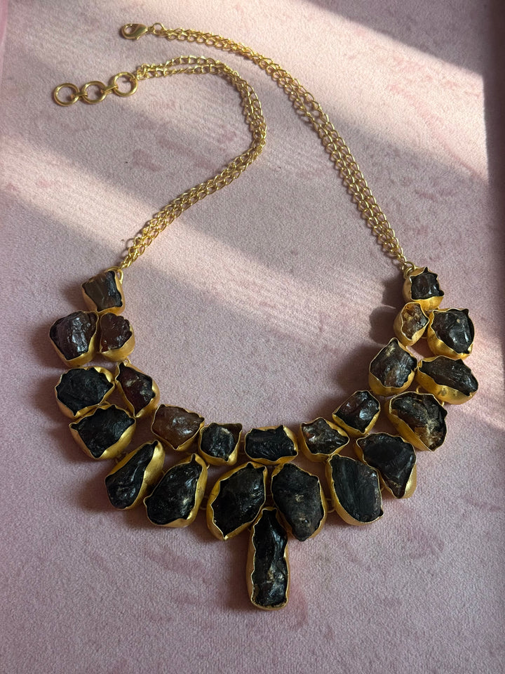 Handmade Raw Stone Sugar Druzy Necklace | Gold Polish Brass Adjustable Statement Jewelry