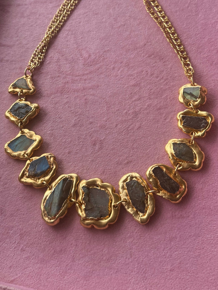 Handmade Raw Labradorite Gold Embedded Necklace | Adjustable Lobster Claw Brass Statement Jewelry