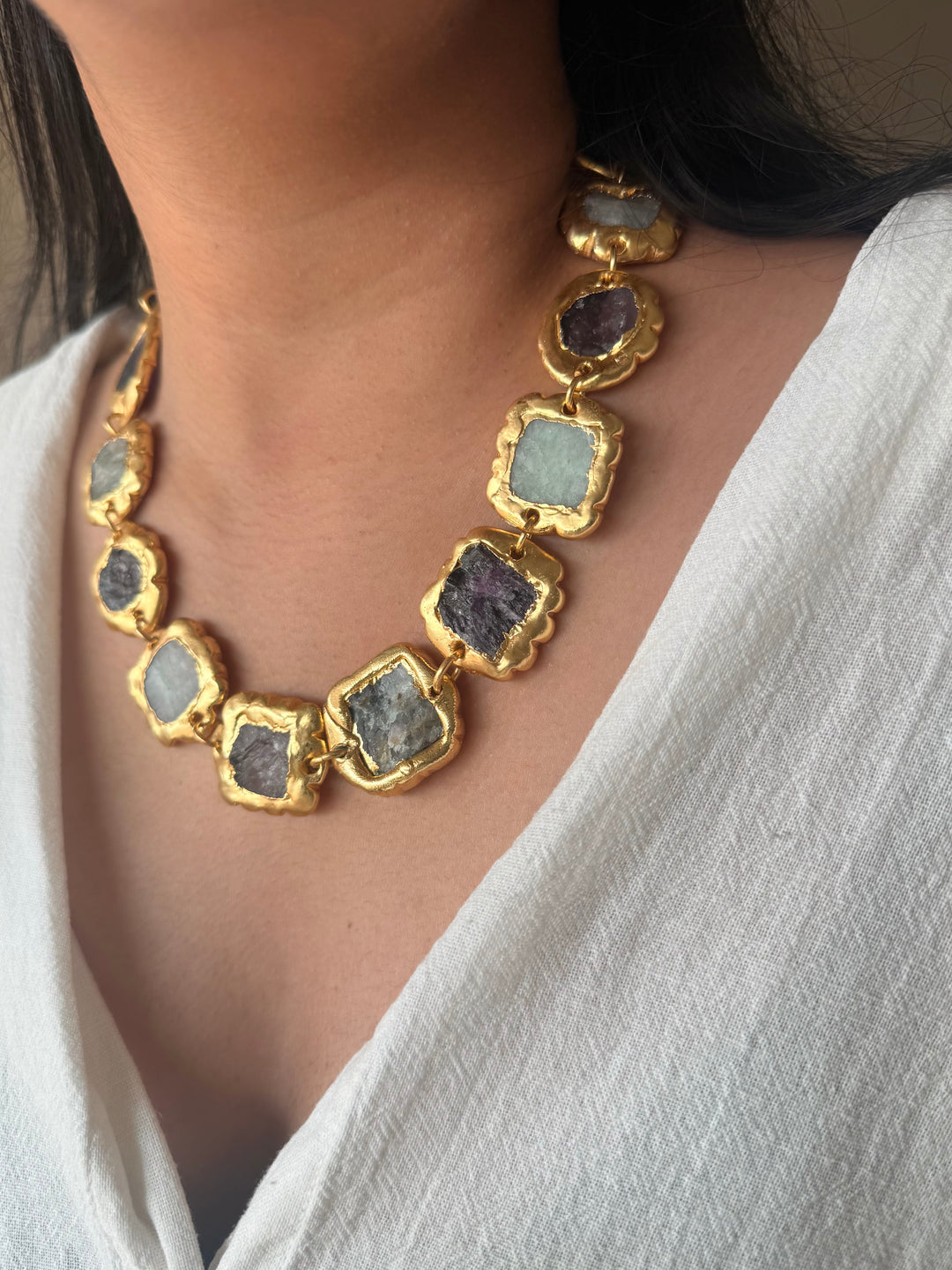 Handmade Raw Stone Gold Embedded Necklace | Adjustable Lobster Claw Brass Statement Jewelry