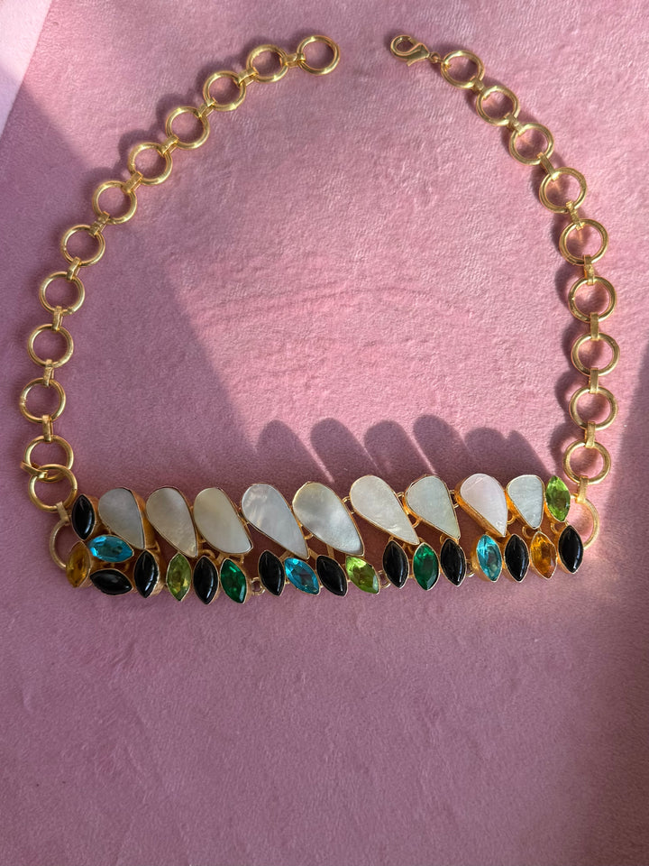 MOP and Quartz Choker – Gold Brass, Adjustable Necklace