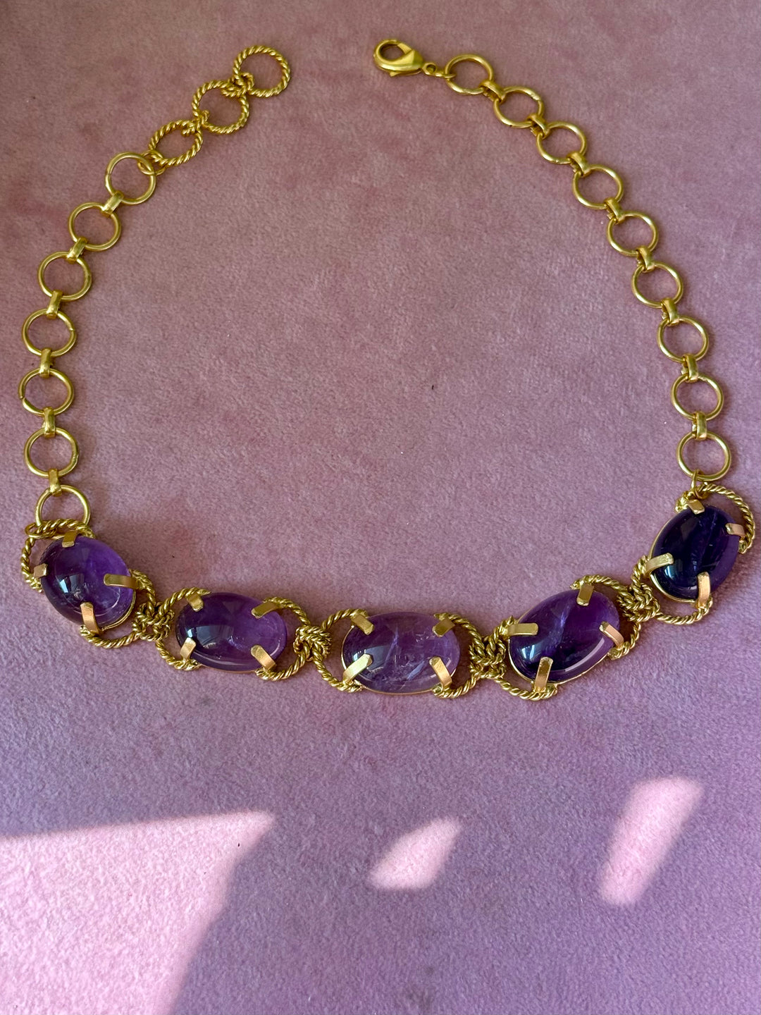 Natural Amethyst Gemstone Choker – Gold Brass, Adjustable Necklace