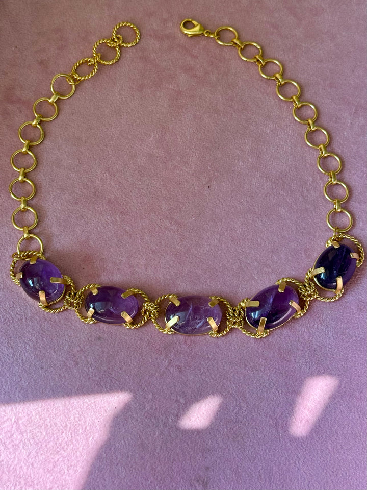 Natural Amethyst Gemstone Choker – Gold Brass, Adjustable Necklace