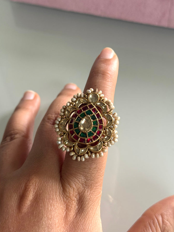 925 Silver Jadtar Gold Handmade Ring | Adjustable | SHIVKA