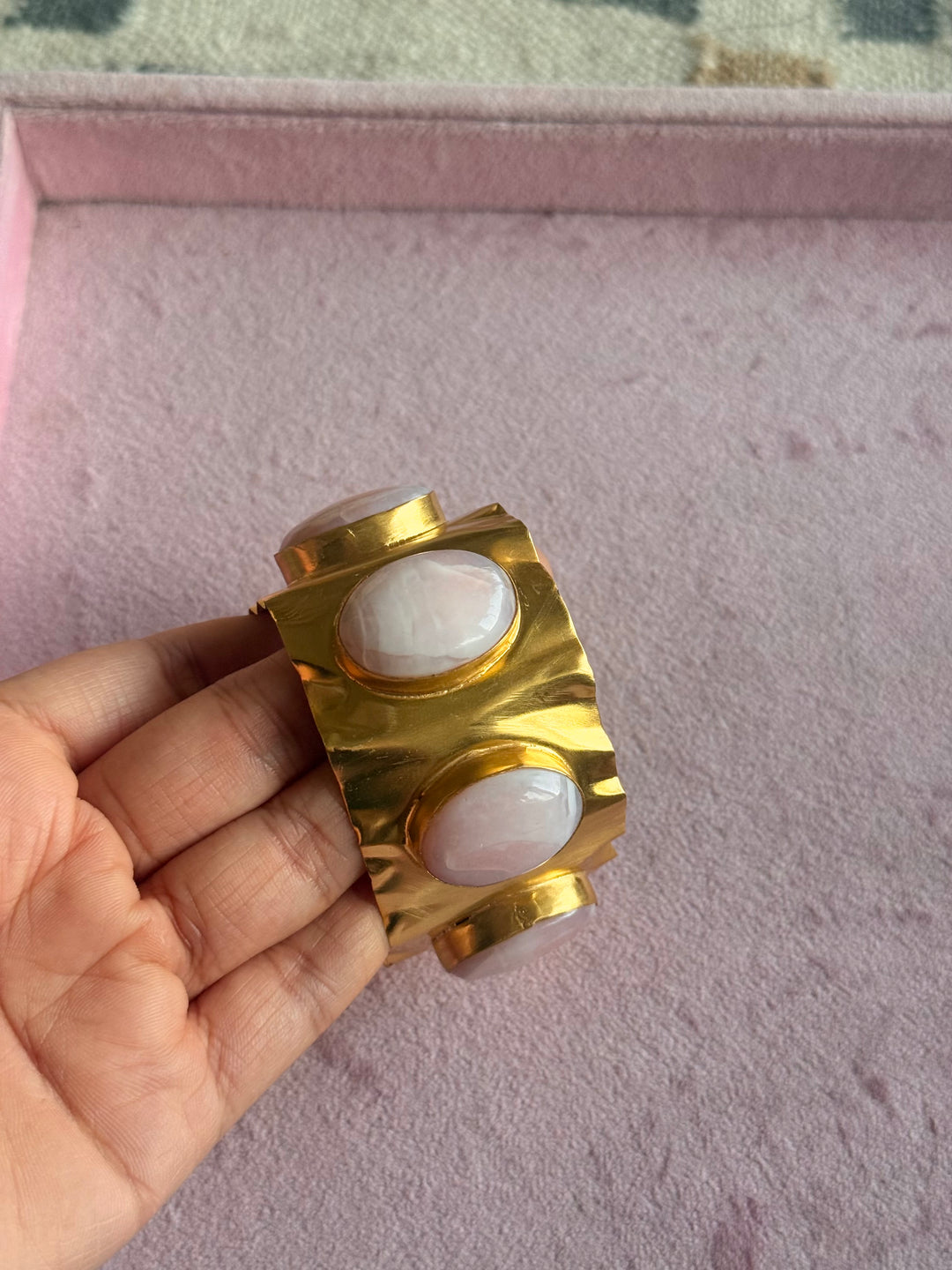 SHIVKA Designer Stone Brass Cuff | Adjustable Open Bracelet | Statement Festive Wear | 45g