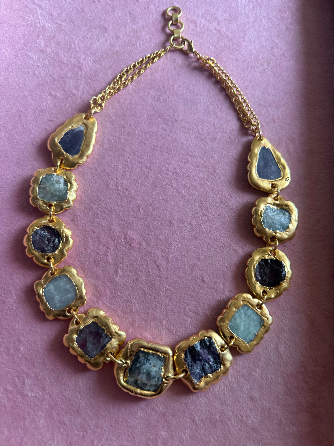 Handmade Raw Stone Gold Embedded Necklace | Adjustable Lobster Claw Brass Statement Jewelry