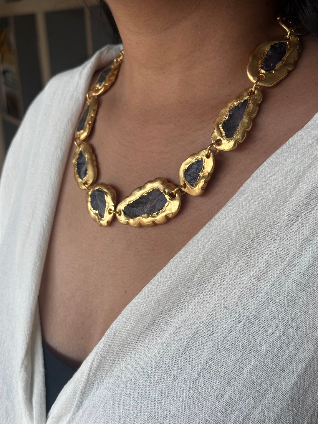 Handmade Raw Amethyst Gold Embedded Necklace | Adjustable Lobster Claw Brass Statement Jewelry