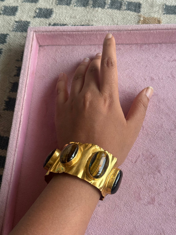 SHIVKA Designer Stone Brass Cuff | Adjustable Open Bracelet | Statement Festive Wear | 52g