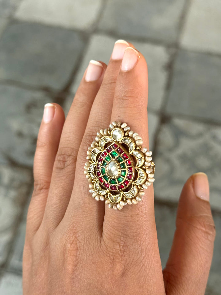 925 Silver Jadtar Gold Handmade Ring | Adjustable | SHIVKA