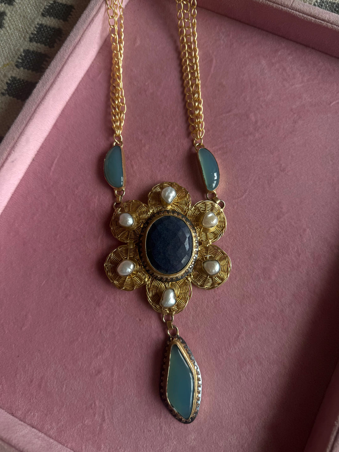 Handmade Pearl & Chalcedony Statement Necklace | Brass Adjustable Lobster Claw Jewelry
