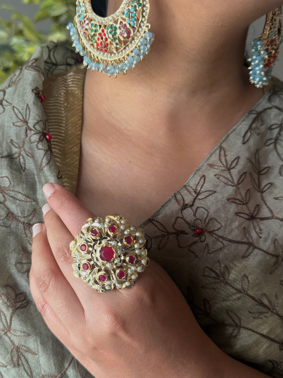 Statement Pearl and Ruby Jadau Ring | 18k Gold Plated | Copper & Semi-Precious Stones
